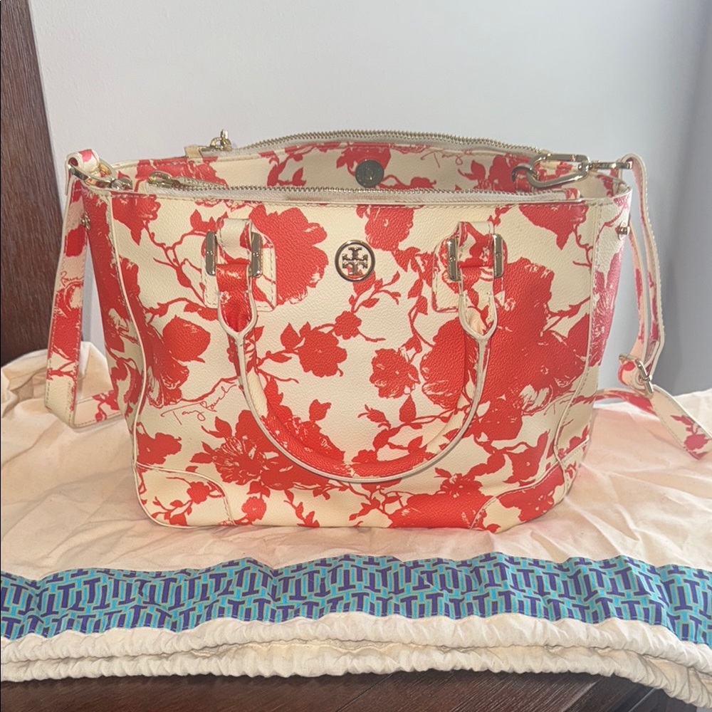 Tory Burch Orange and Cream Floral Tote Bag